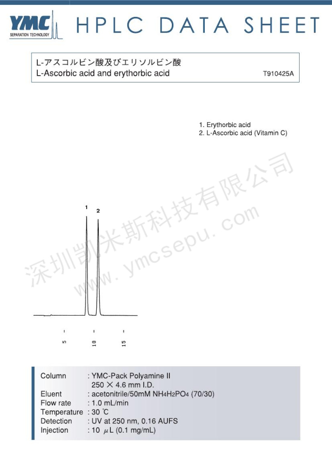 抗壞血酸與異抗壞血酸分離的液相色譜圖