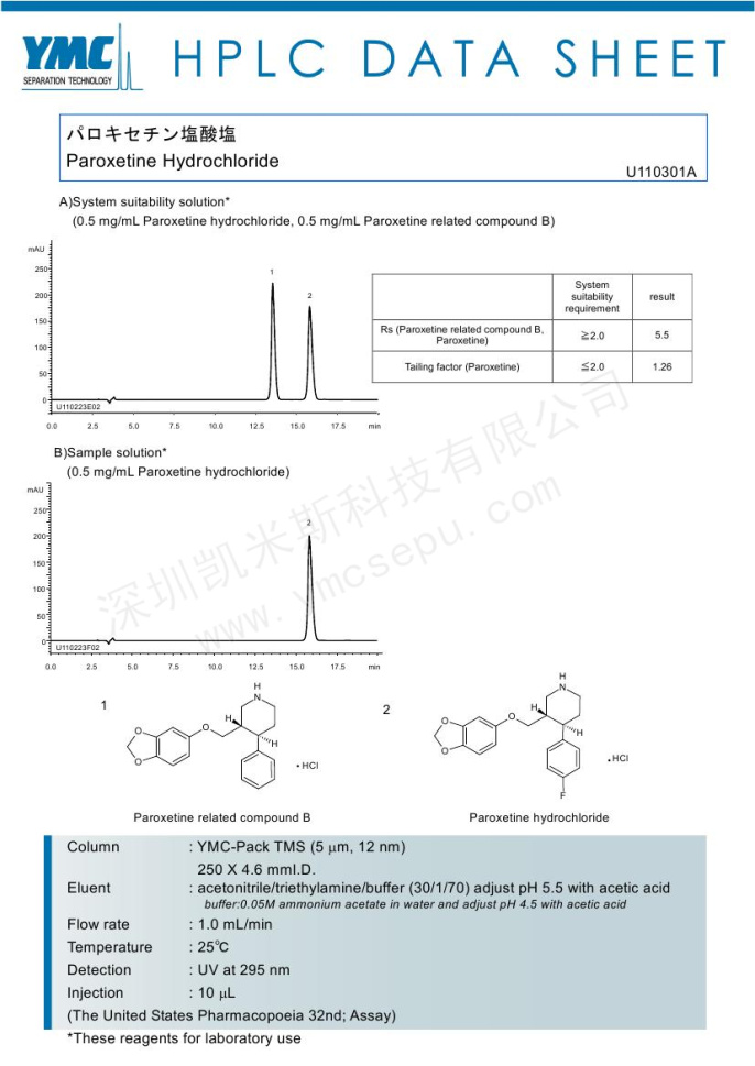 HPLC檢測鹽酸帕羅西汀及相關(guān)化合物